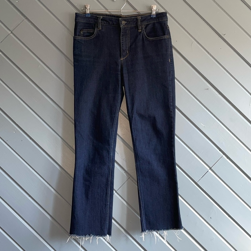 Theory dark wash straight leg ankle raw hem jean